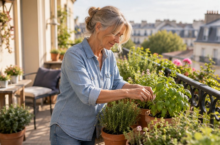 Une femme s’occupe de plantes sur un balcon — illustration générée par IA