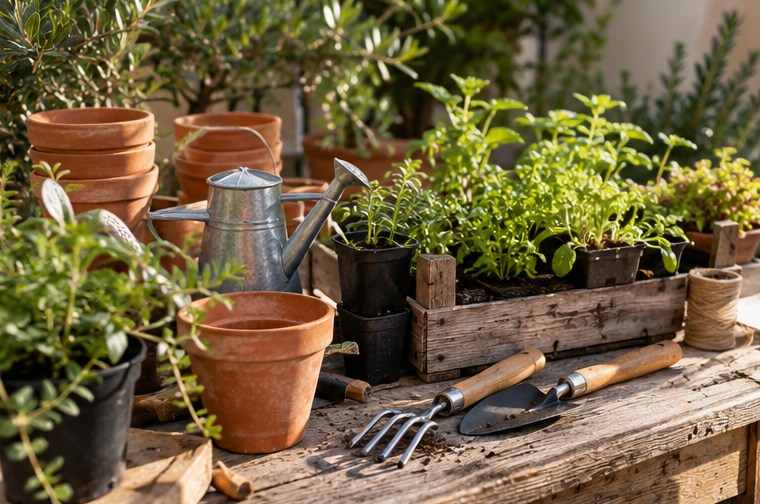 Pots, semis et outils sur une table de jardin — illustration générée par IA