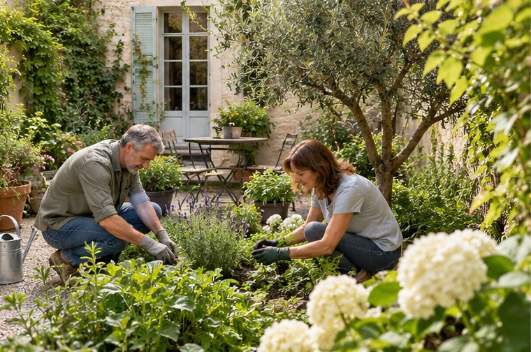 Deux adultes jardinent dans une petite cour — illustration générée par IA