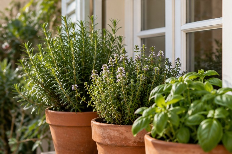 Des plantes aromatiques dans des pots en terre cuite — illustration générée par IA